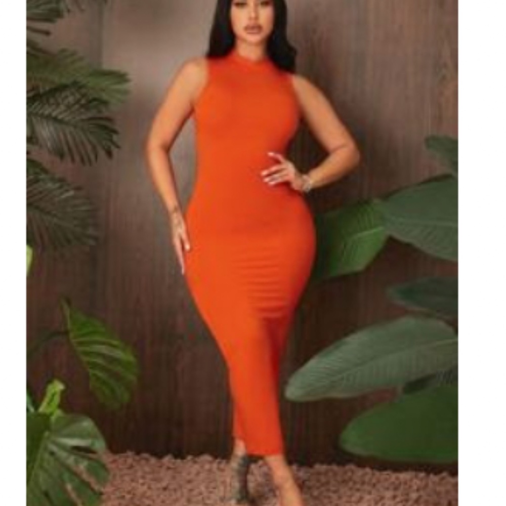 Bright Orange Bodicon Sleeveless Midi dress Casual (Small)